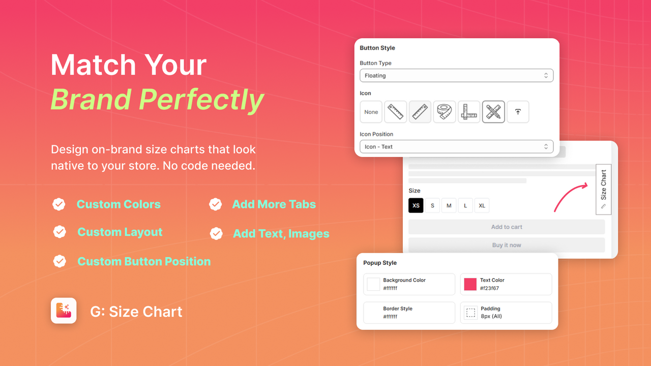 Custom button style and popup design settings for size charts 