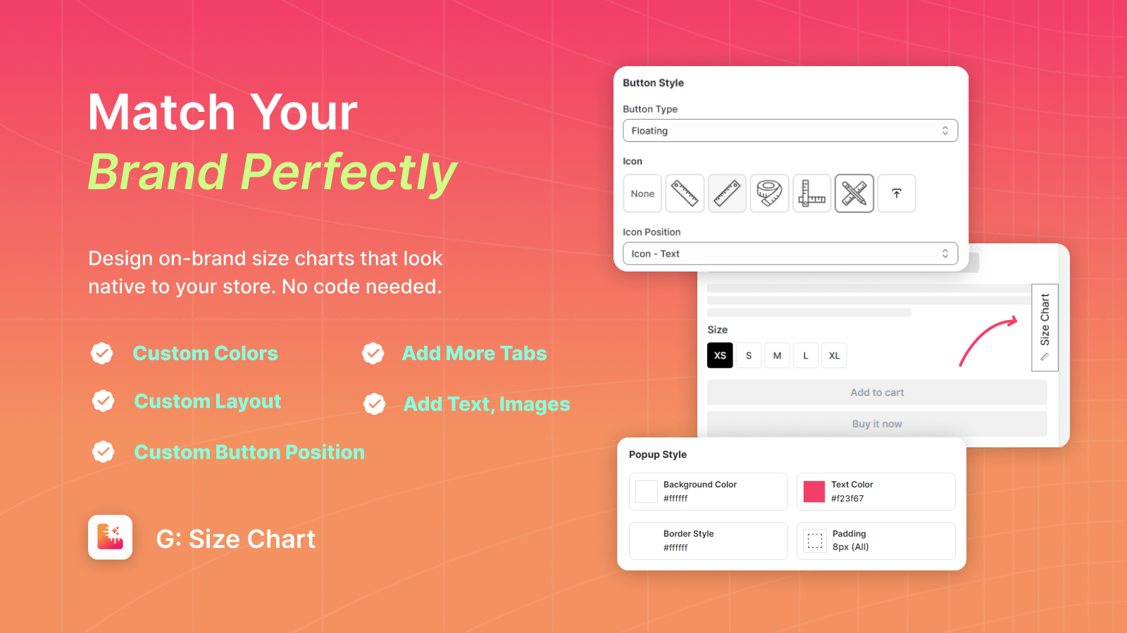 Custom button style and popup design settings for size charts 