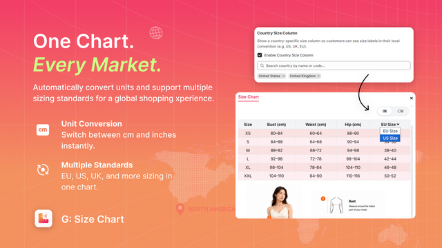 Multi-market sizing US, EU, Asia & automatic cm/inch conversion