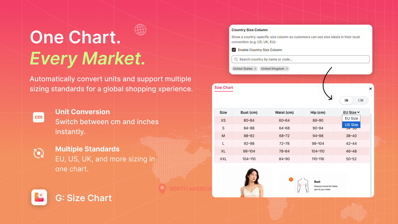 Multi-market sizing US, EU, Asia & automatic cm/inch conversion