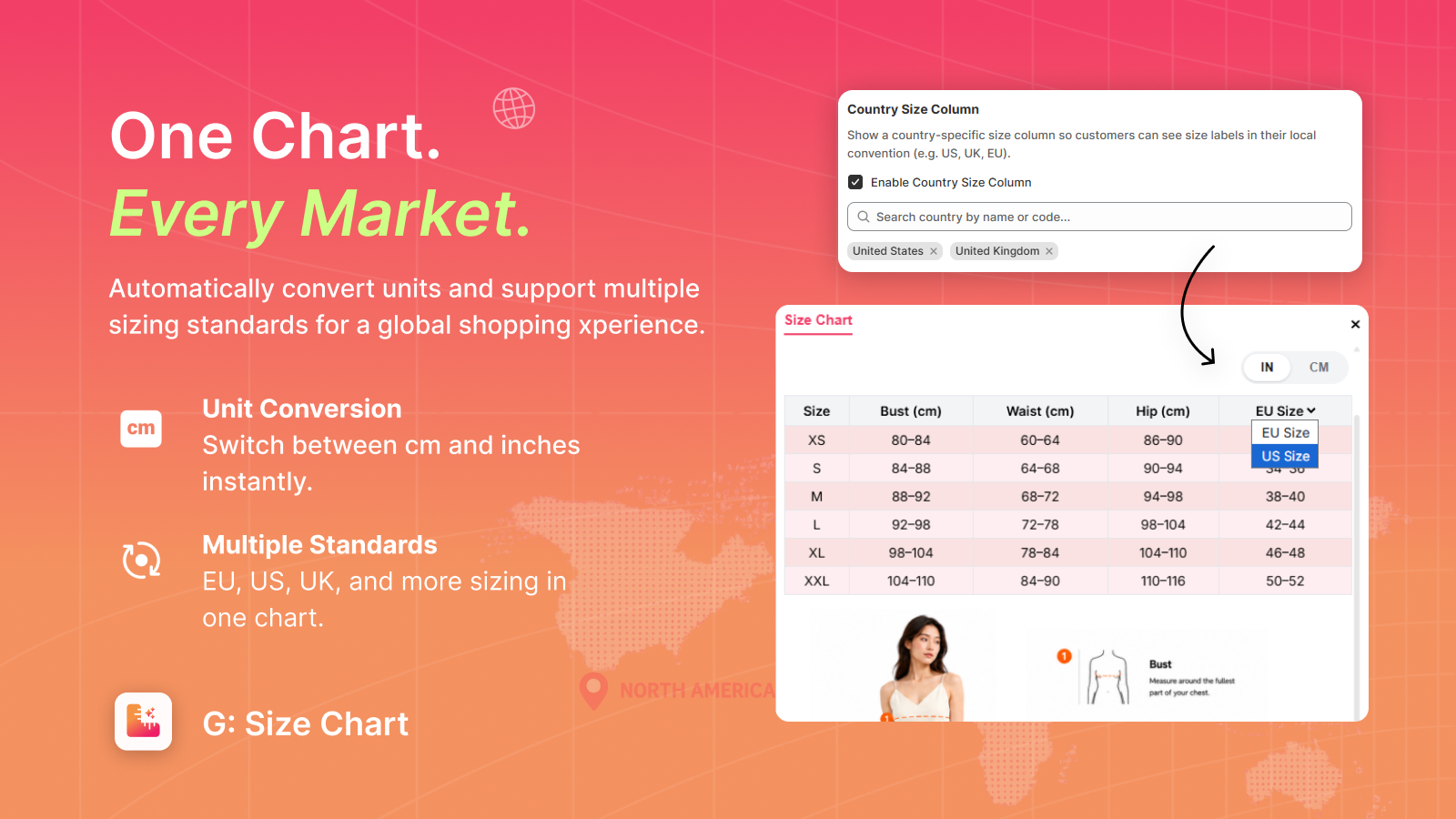 Multi-market sizing US, EU, Asia & automatic cm/inch conversion