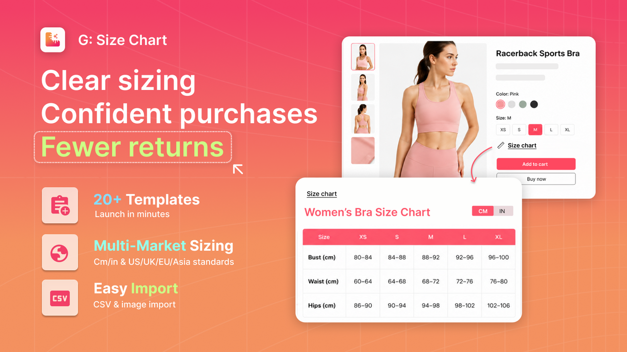 Size chart & size guide templates and multi-market sizing