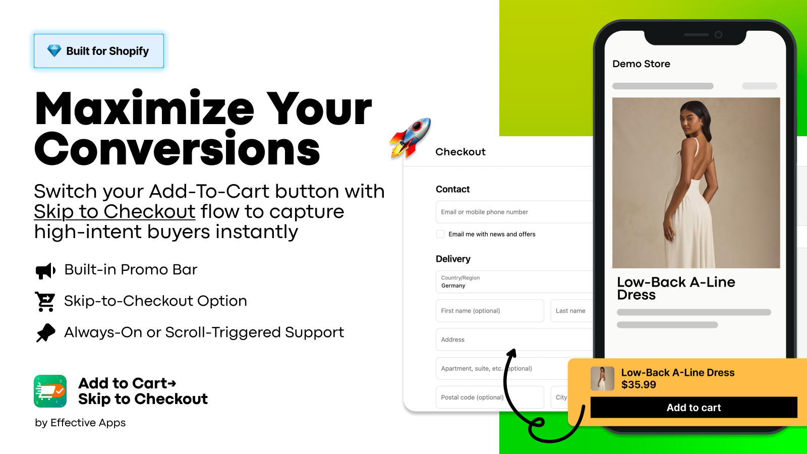 The app in action: The checkout starts after add to cart clicks