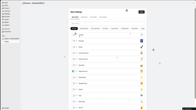 Store Effects panel with 15+ seasonal animations