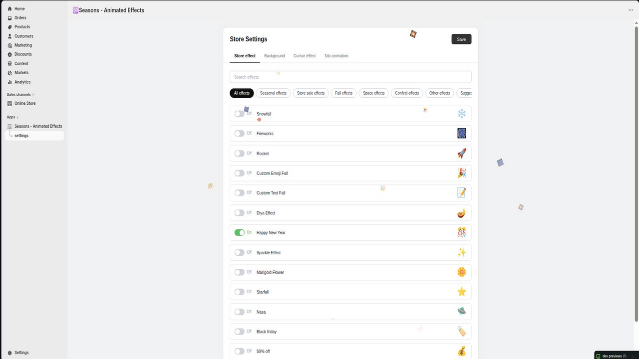 Store Effects panel with 15+ seasonal animations