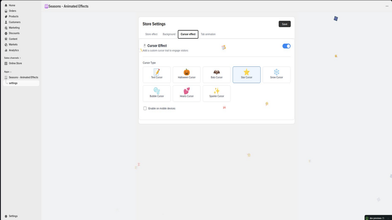 Cursor Effects settings with 8 cursor trail styles