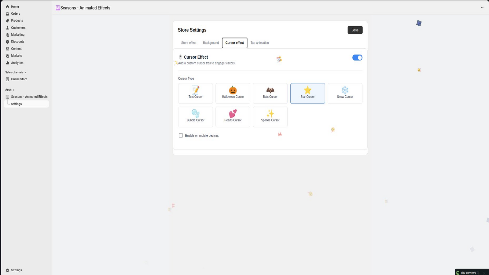 Cursor Effects settings with 8 cursor trail styles