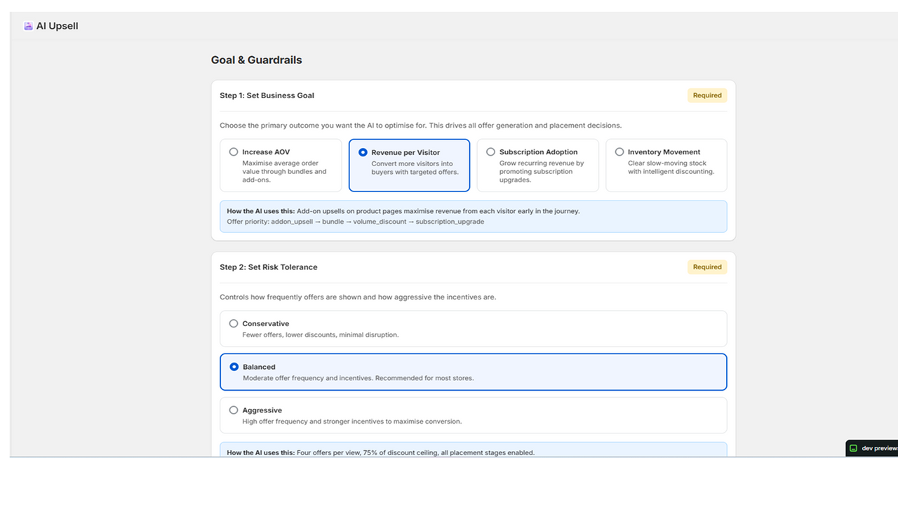 Merchant admin panel showing goal and guardrail settings
