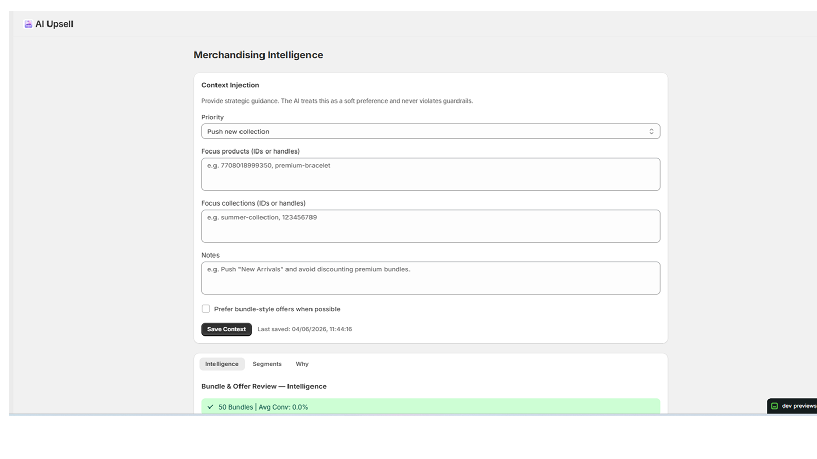 AI context settings for guiding product recommendations
