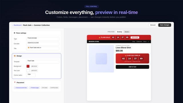 Live editor — customize colors, messages and placements
