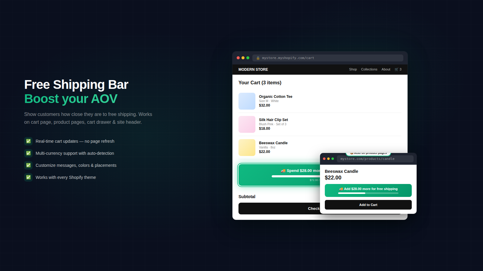 Free shipping progress bar on cart and product pages