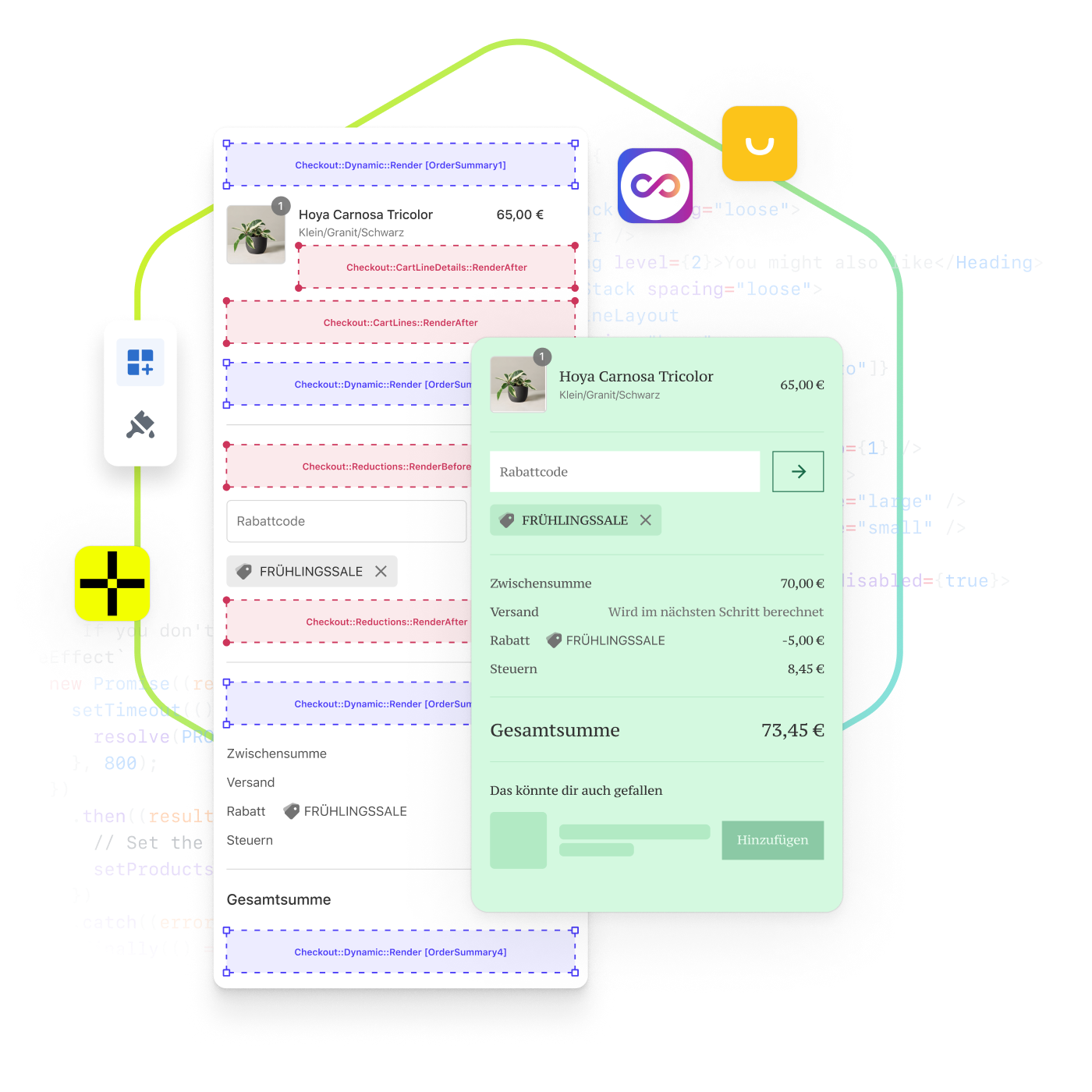 Die Entwickleransicht für einen Checkout-Bildschirm wird mit einer vollständig anpassbaren Checkout-Vorlage angezeigt. Der endgültige Checkout-Bildschirm befindet sich neben der Entwickleransicht und zeigt eine grüne Checkout-Seite, auf der eine Person eine Pflanze kauft. Beide Bilder sind von verschiedenen Entwicklersymbolen und Code-Snippets umgeben.