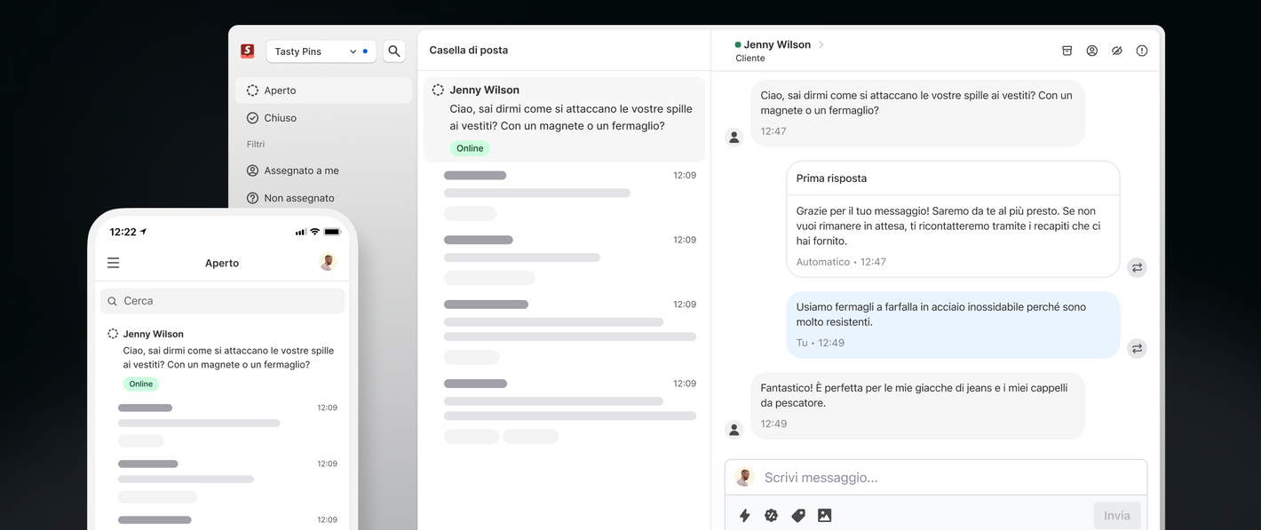 La schermata di Shopify Inbox su dispositivo mobile e desktop che mostra un messaggio della cliente Jenny Wilson.