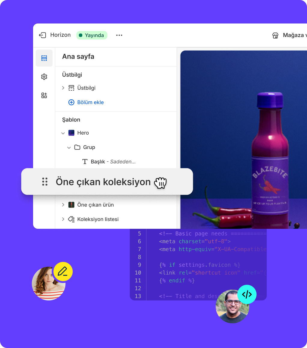 Birlikte mağaza oluşturmak için Liquid ve Shopify online mağaza düzenleyicisini kullanan birden fazla ortak çalışan