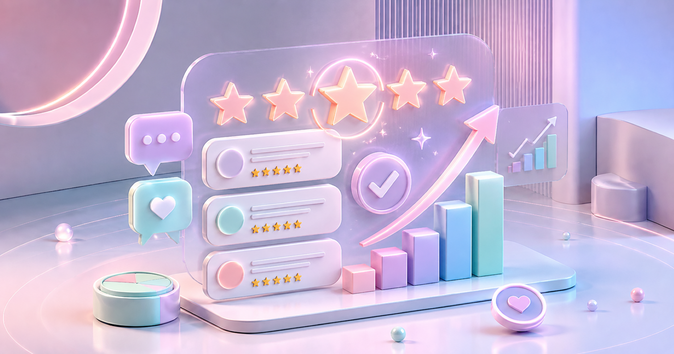Pastellfarbene 3D-Illustration mit fünf Sternen, Kundenbewertungen und steigender Bewertungskurve.