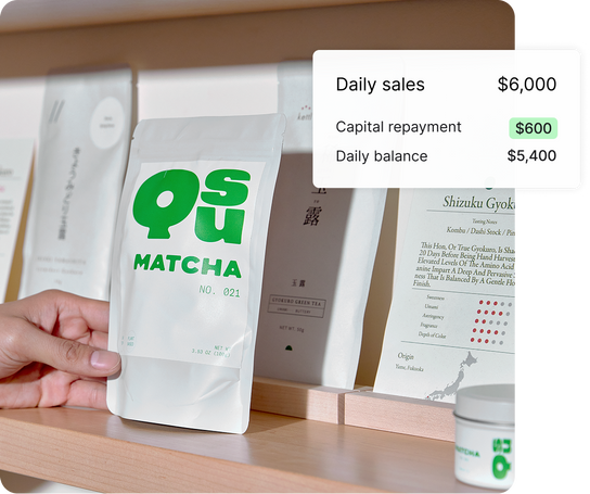 Hand reaches for Matcha pouch on wooden retail shelf lined with packaged matcha and tea