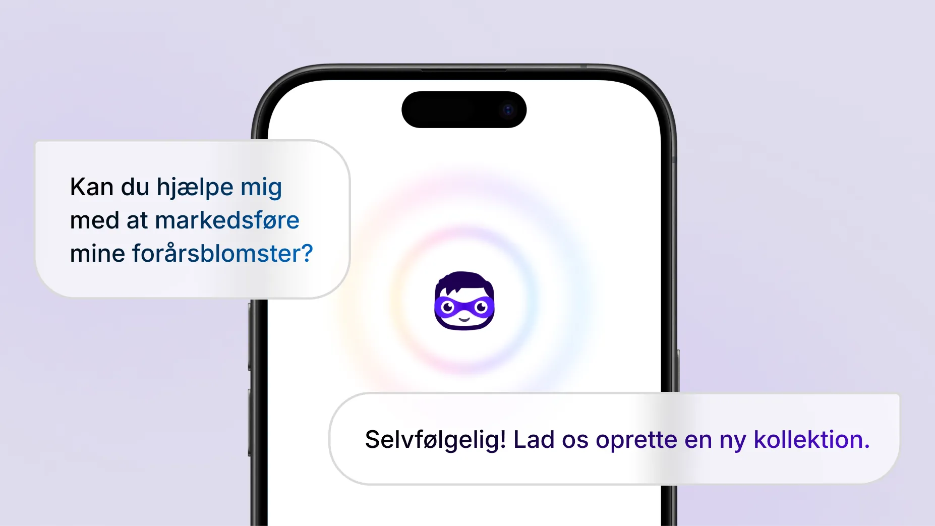 Animation, der viser følgende tekst i anførselstegn: “Kan du hjælpe mig med at promovere mine forårsblomster?” På en telefon svarer Shopifys AI-assistent, Sidekick, ved at foreslå at oprette en ny kollektion. Svarteksten er omgivet af pulserende lydbølger for at vise, at Sidekicks svar kan høres. Derefter opretter Sidekick en produktkollektion ved navn Spring Florals med tre udvalgte buketter.