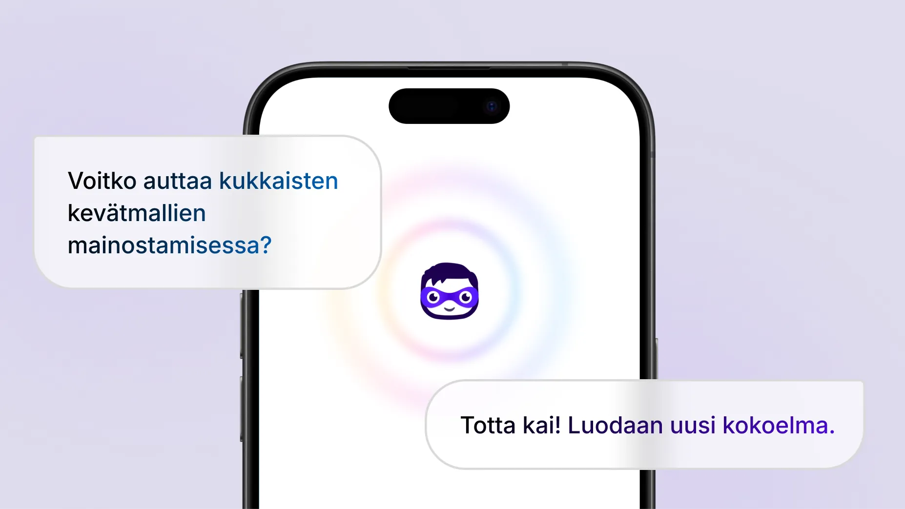 Animaatio, jossa näkyy seuraava teksti lainausmerkeissä: ”Voitko auttaa minua kevätkukkien markkinoinnissa?” Puhelimen näytöllä Shopifyn tekoälyavustaja Sidekick vastaa ehdottamalla uuden kokoelman luomista. Vastaustekstiä ympäröivät sykkivät ääniaallot merkkinä siitä, että Sidekickin vastaus on kuultavissa. Tämän jälkeen Sidekick luo Spring Florals -nimisen tuotekokoelman, johon on nostettu kolme kukkakimppua.