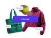 Three products are each tagged "Ship" or "Pick up" and float above a purple "Pay now" button, showing mixed fulfillment in a single checkout