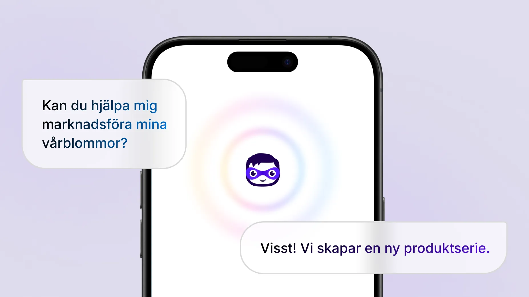 Animation som visar följande text inom citattecken: ”Kan du hjälpa mig att marknadsföra mina vårblommor?”. I en telefon svarar Shopifys AI-assistent, Sidekick, genom att föreslå att en ny produktserie skapas. Svarstexten omges av pulserande ljudvågor, vilket visar att Sidekicks svar kan höras. Sidekick fortsätter sedan med att skapa en produktserie med namnet Spring Florals, med tre utvalda blombuketter.