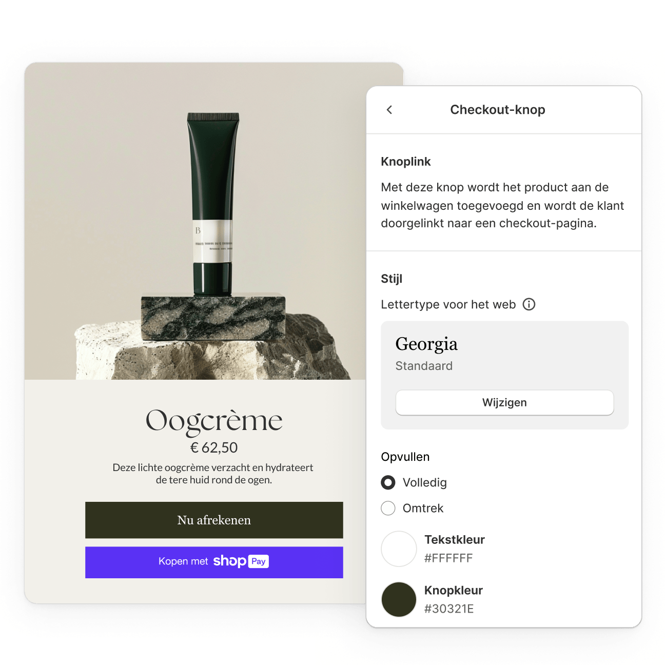 Afbeelding van een vereenvoudigde productpagina voor een oogcrème naast een beheerinterface met opties om de checkoutknop af te stemmen op het merk.
