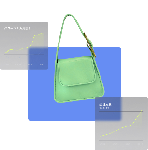 女性用の高級ハンドバッグと、グローバル販売合計と総注文数の増加を示しているチャート