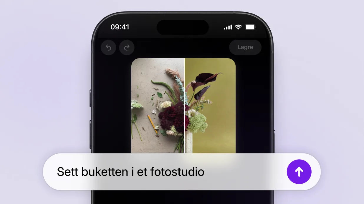 Animasjon av en telefon som viser et bilde av en uferdig blomsterbukett som ligger flatt på en arbeidsbenk, omgitt av verktøy og avskjær. En bruker skriver inn en forespørsel til Sidekick: «Plasser denne buketten i et fotostudio.» Sidekick genererer et bilde av den stelte buketten i en vase mot en stilren, olivengrønn bakgrunn.