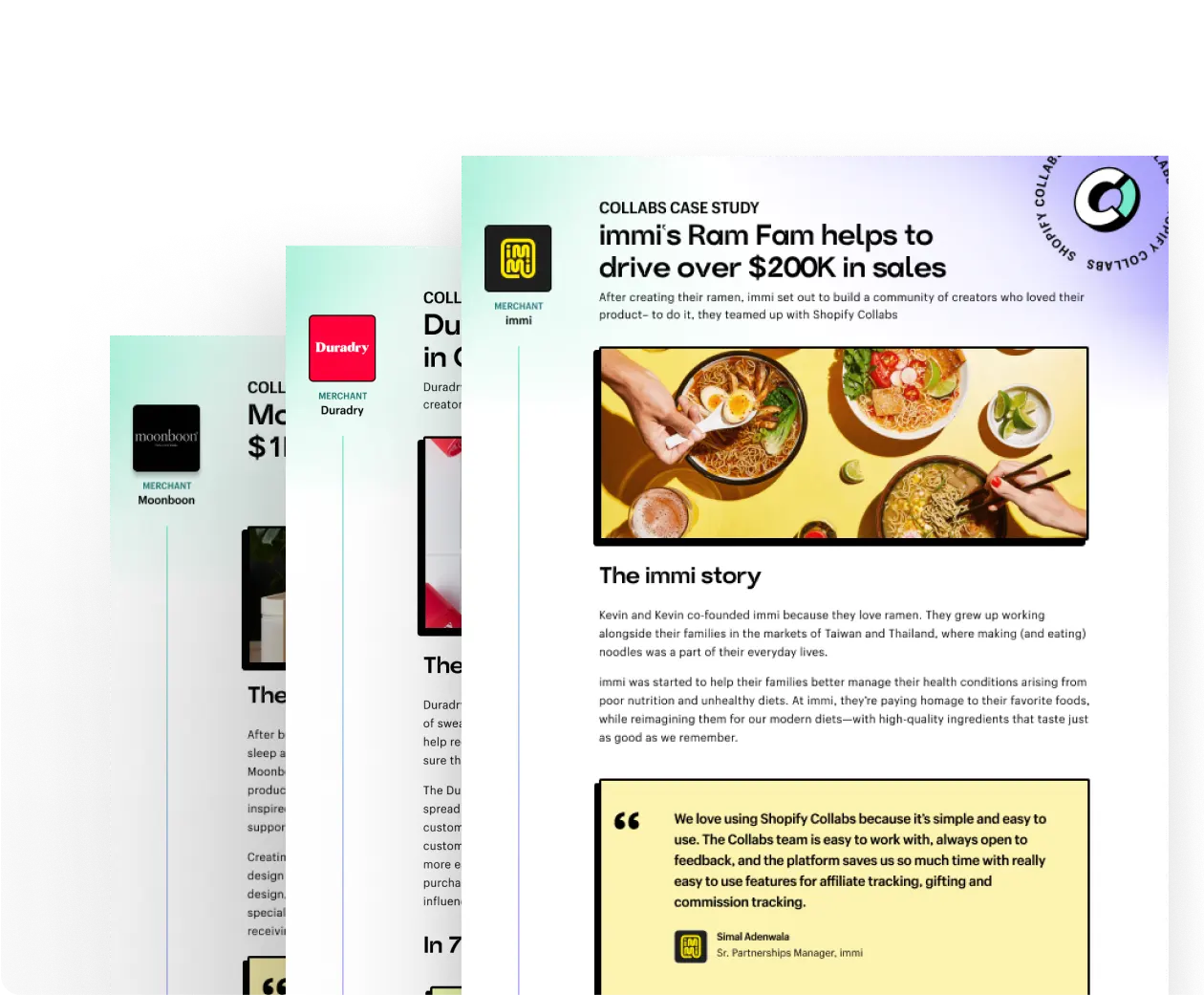 A collection of screenshots showing three case studies for immi, Duradry and Moonboon.