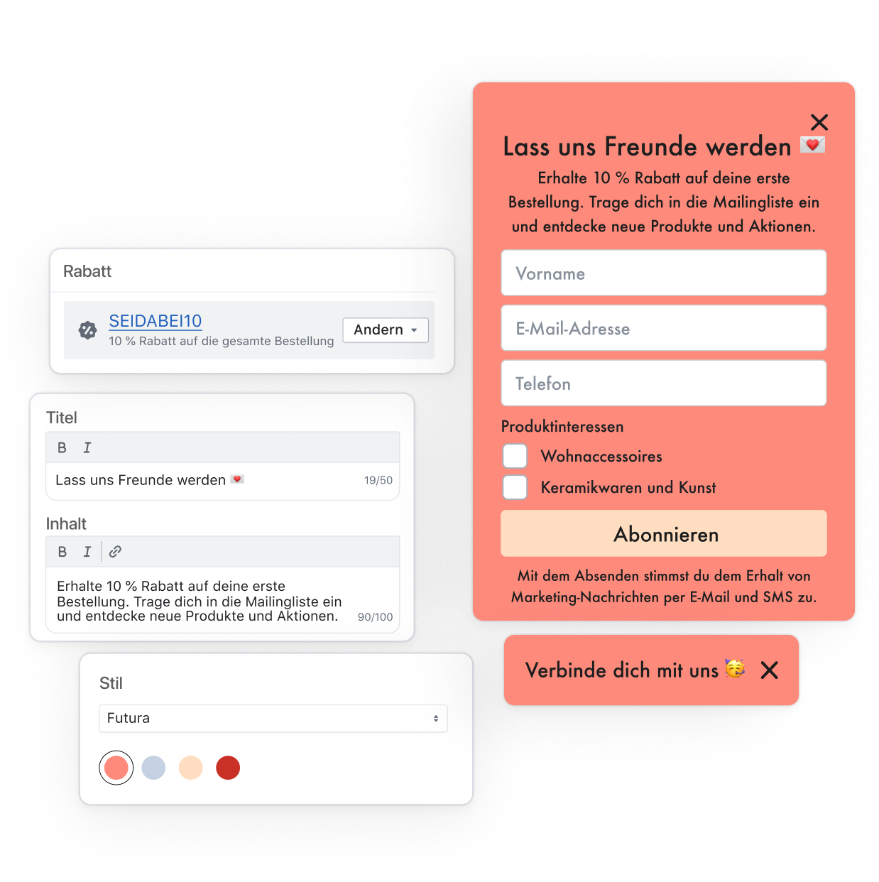 Das Bild zeigt ein Abonnement-Pop-up mit einem Rabatt von 10 % und Feldern für Name, E-Mail und Telefonnummer sowie interne UI-Komponenten mit Rabatt-, Inhalts- und Designauswahlmöglichkeiten für dieses Formular.