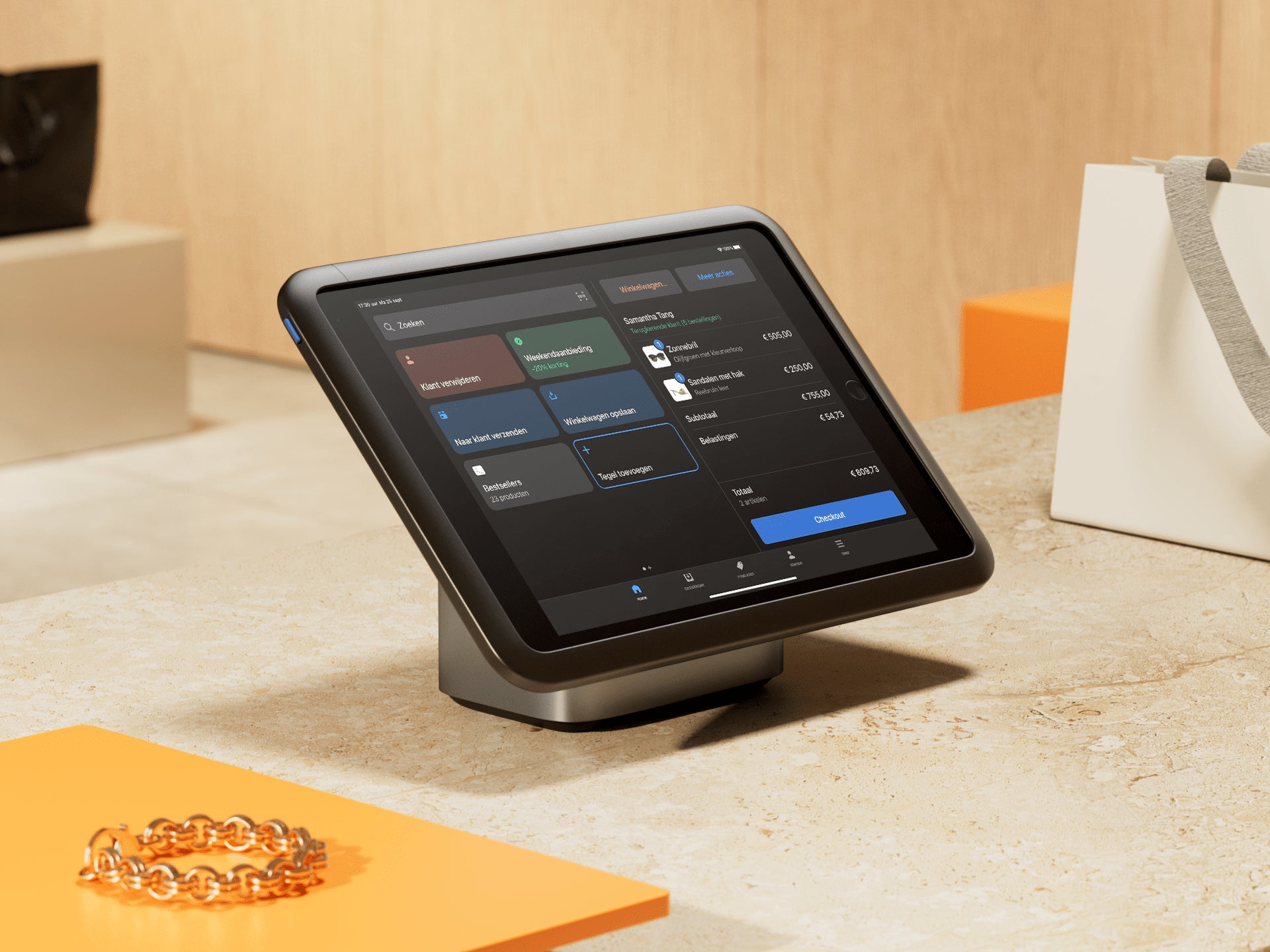 Een afbeelding van een POS-tablet op een balie met daarop een Shopify POS-scherm.
