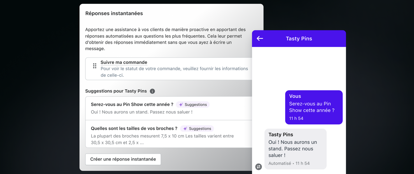 Interface de réponses instantanées présentant des suggestions de questions et de réponses à des demandes courantes. Une fenêtre de chat à droite montre un aperçu de l’une des suggestions.