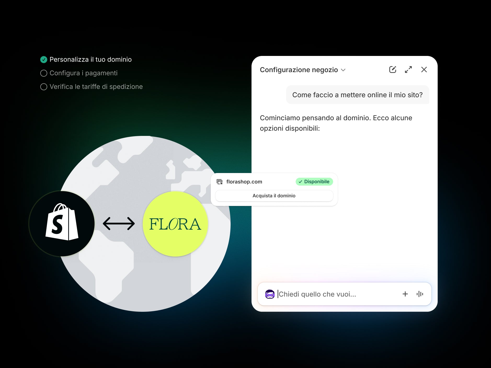 Assistente tecnico di Sidekick che guida la configurazione e l’installazione del negozio in base alla richiesta dell’utente