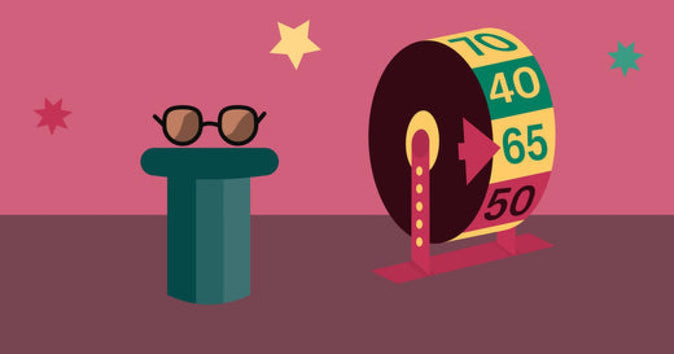 Illustration af en brille på en piedestal og et lykkehjul med priser