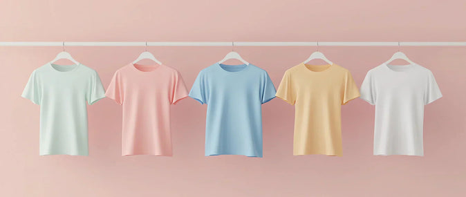 cinco t-shirts em tons pastel (verde, rosa, azul, amarelo e branco) contra um fundo rosado, imagem alusiva ao tema tipos de design de t-shirts.