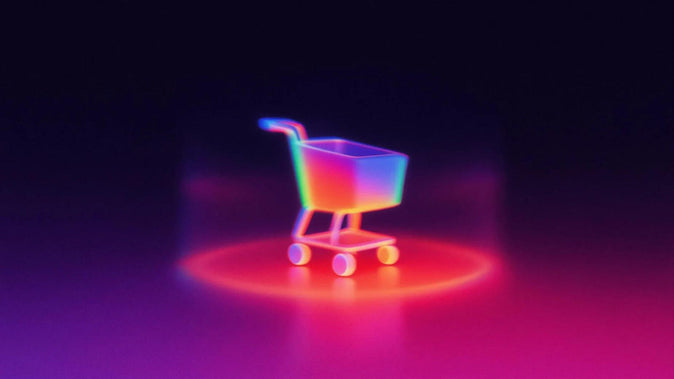 Carrinho de compras 3D em neon brilhante, com cores iridescentes e iluminado por um destaque vermelho vibrante, representando e-commerce.
