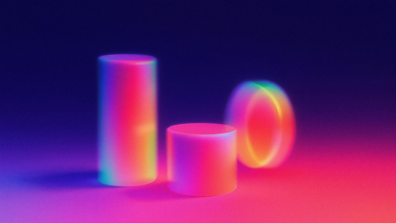 Glowing 3D cylinders and a ring in vibrant neon gradients