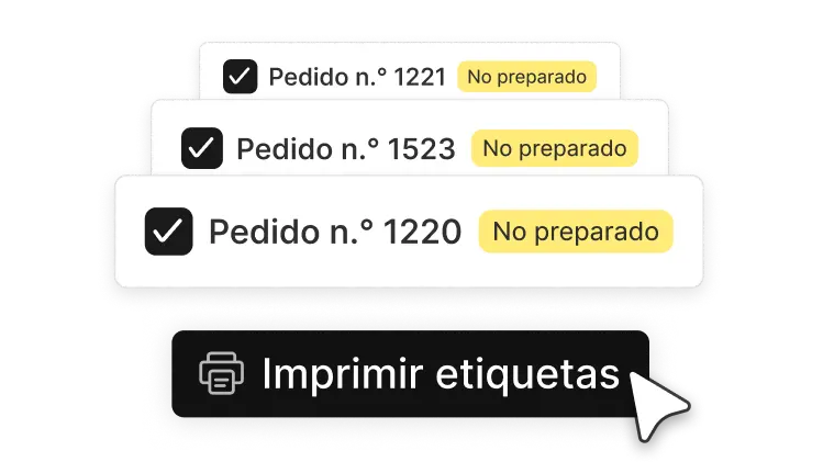 Tres tarjetas de interfaz de usuario que muestran los pedidos marcados como no preparados, con un botón negro debajo que dice "Imprimir etiquetas"