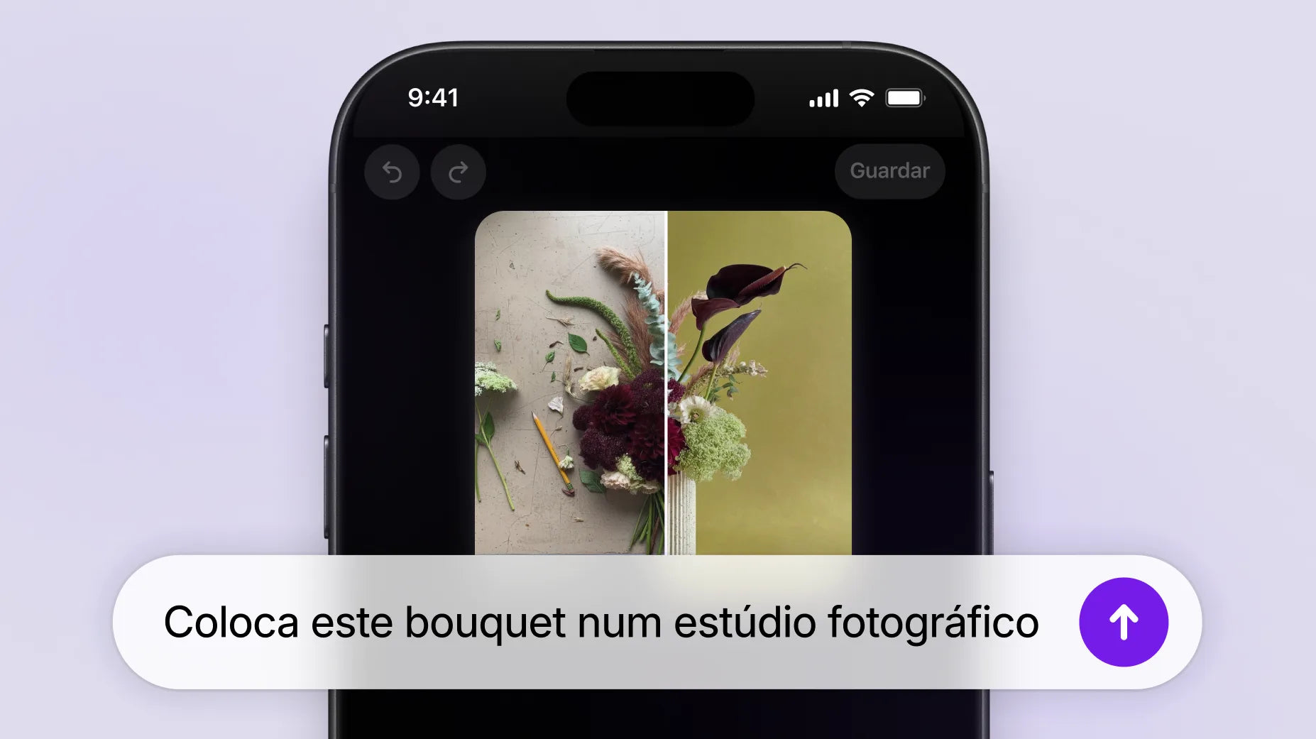 Animação de um telemóvel que apresenta a fotografia de um ramo de flores inacabado pousado numa bancada de trabalho, rodeado por ferramentas e restos de folhas. Uma pessoa escreve um pedido ao Sidekick para “Colocar este ramo de flores num estúdio fotográfico.” O Sidekick gera a imagem do ramo já arranjado numa jarra, com um fundo verde-azeitona elegante.
