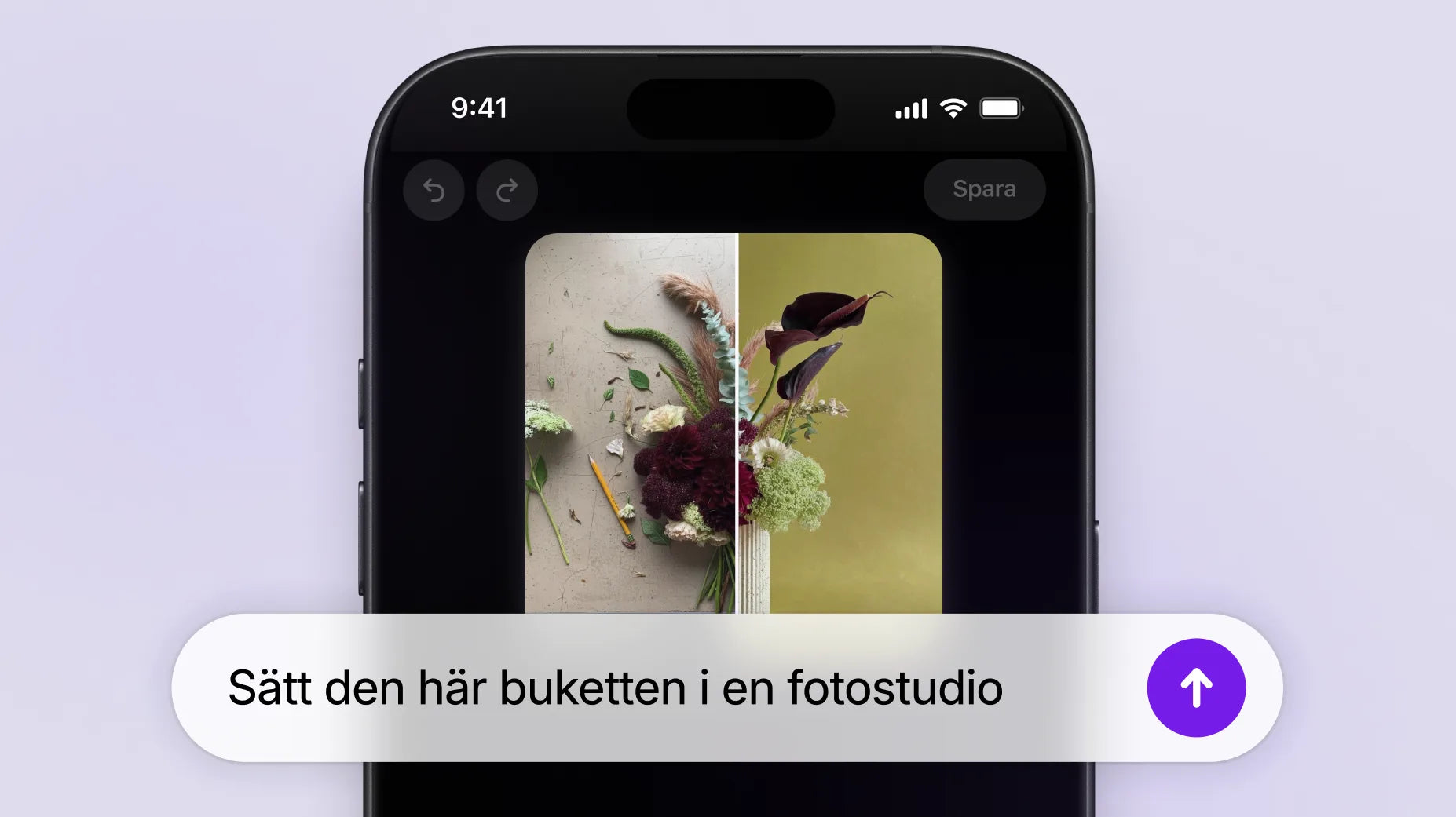En animation av en mobil som visar ett foto av en ofärdig blombukett som ligger platt på en arbetsbänk, omgiven av verktyg och växtdelar. En användare skriver in en förfrågan till Sidekick: ”Placera den här buketten i en fotostudio.” Sidekick genererar en bild av den färdigställda buketten i en vas mot en stilren olivgrön bakgrund.