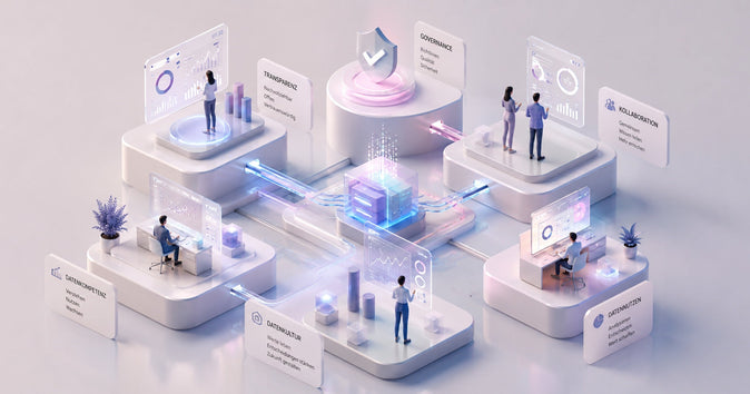 3D-Illustration verschiedener Datenprozesse in einem Unternehmen bei dem mehrere Menschen an unterschiedlichen vernetzten Stationen – sinnbildlich für eine Datenkultur
