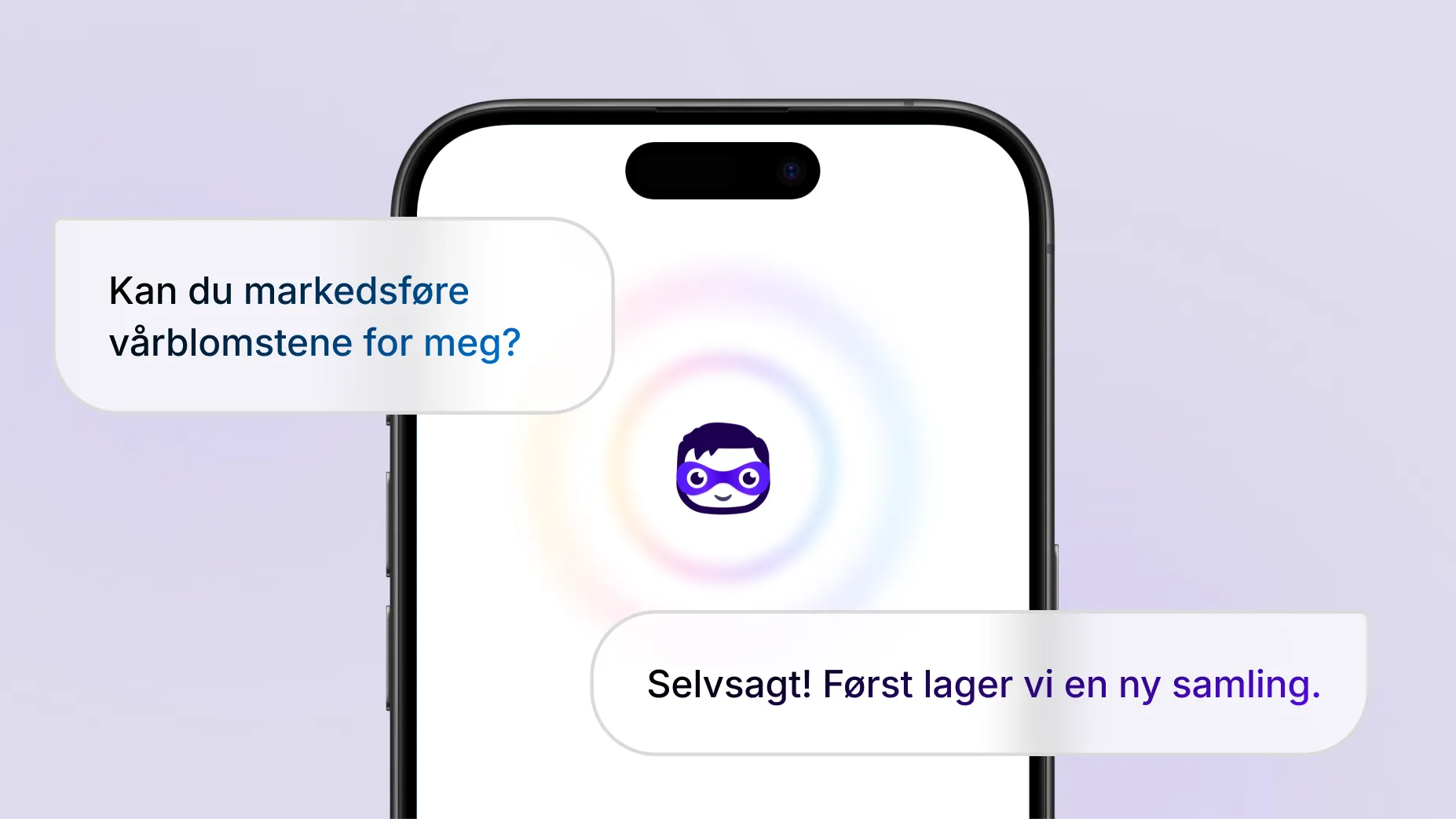 Animasjon viser følgende tekst i anførselstegn: «Jeg vil reklamere for vårens blomster. Kan du hjelpe?». På en telefon svarer Sidekick, Shopifys KI-assistent, med forslag til å opprette en ny samling. Svarteksten er omgitt av pulserende lydbølger. Disse er et tegn på at svaret fra Sidekick kan høres. Sidekick lager så en samling som heter Spring Florals med tre utvalgte buketter.