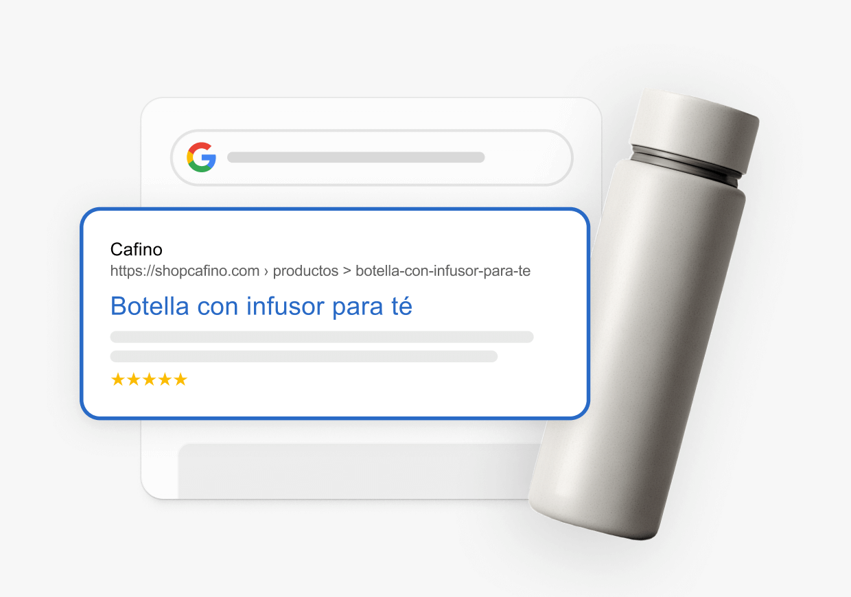 Resultado de una búsqueda de Google que resalta una página para botella con infusor para té con una calificación de cinco estrellas, al lado de un elegante vaso gris.