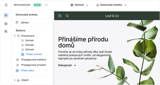 Vstupní stránka webu otevřená v uživatelském rozhraní nástroje pro tvorbu obchodu.