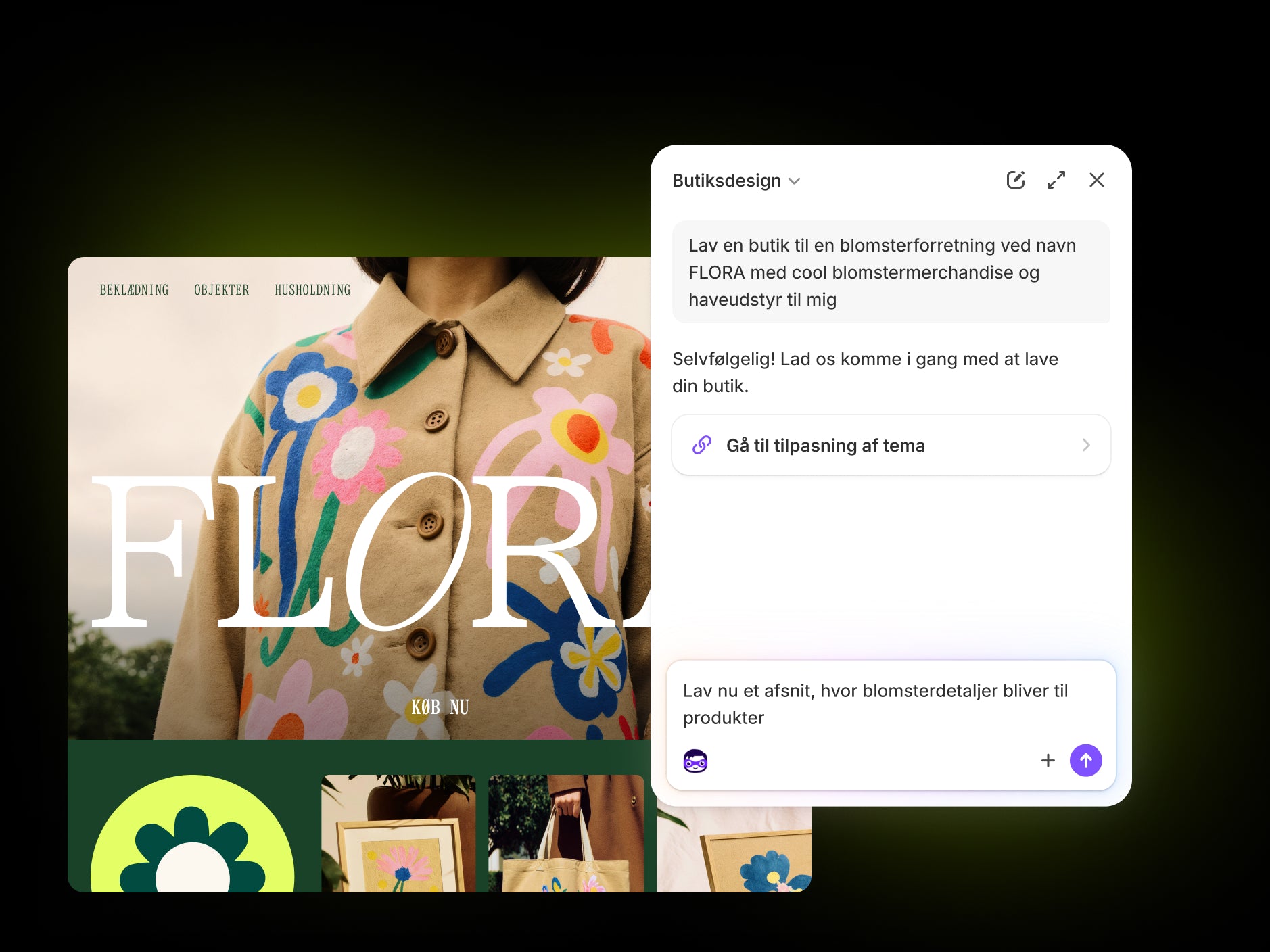 Sidekick Designer-persona, der laver en tilpasset FLORA-blomsterbutik baseret på brugerens beskrivelse
