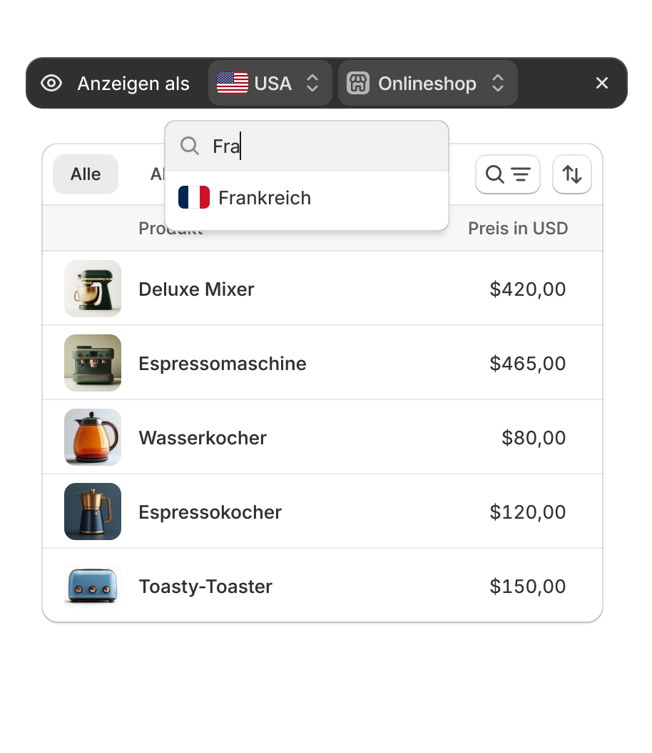 Animation von einem Filter, mit dem sich die Details der Anpassungen für einen spezifischen Markt anzeigen lassen