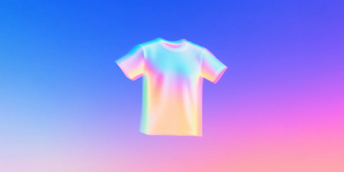 เสื้อยืดโฮโลแกรมสีพาสเทลลอยอยู่บนพื้นหลังไล่เฉดสีฟ้า ม่วง และชมพู สไตล์มินิมอล ให้ความรู้สึกล้ำสมัยและแฟชั่นดิจิทัล