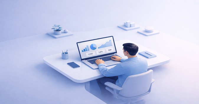 Person sitzt an einem Laptop mit minimalistischem Dashboard (Diagramme und KPIs) auf einem cleanen Schreibtisch in pastellfarbenem, futuristischem 3D-Setting.