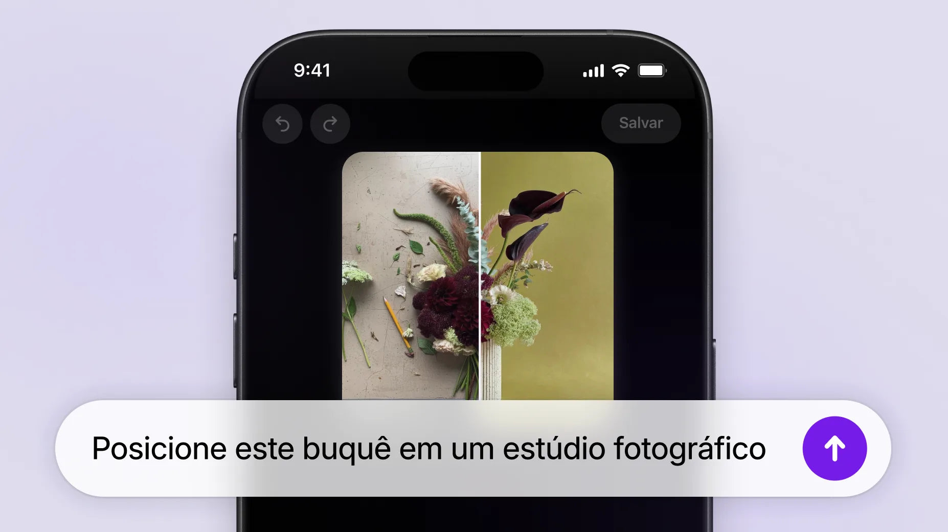 Animação de um celular que mostra a foto de um buquê inacabado sobre uma bancada, cercado por ferramentas e restos de poda. A pessoa usuária digita a seguinte solicitação ao Sidekick: “Coloque este buquê em um estúdio fotográfico.” O Sidekick gera a imagem do buquê pronto em um vaso, com um elegante fundo verde-oliva.