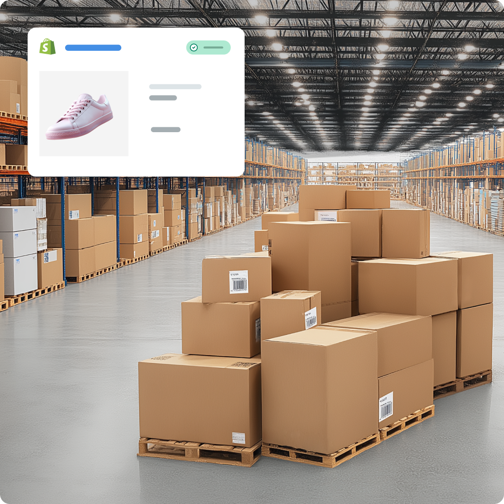 An image of a warehouse full of boxes. On top of the image is a dialog box showing pink running shoes, order #473 that costs $120.99.