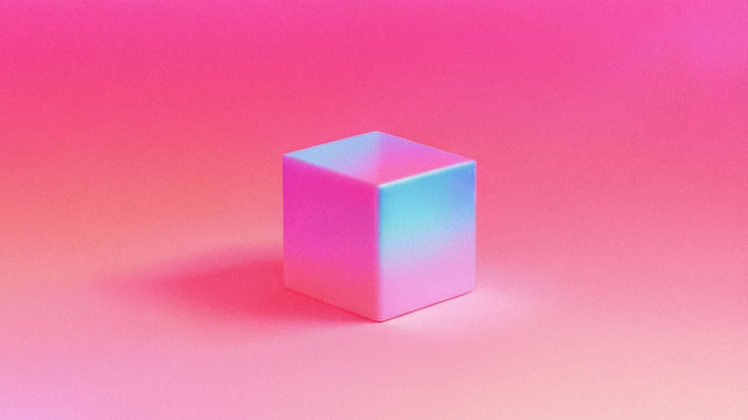 Smooth 3D cube centered on a vibrant pink background, reflecting soft blue and purple gradients